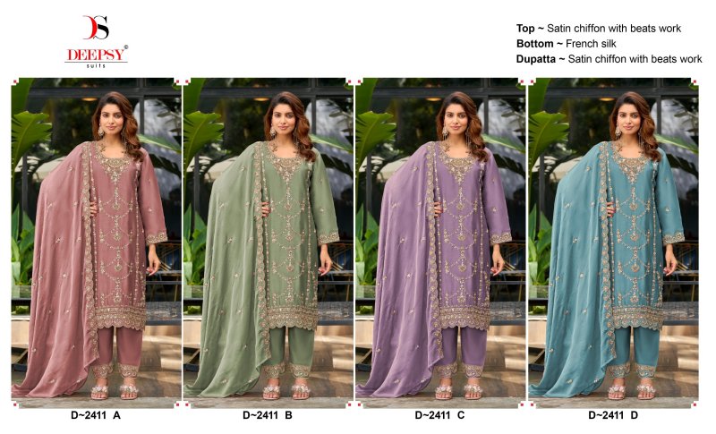 D 2411 A To D By Deepsy Satin Chiffon Pakistani Suits 